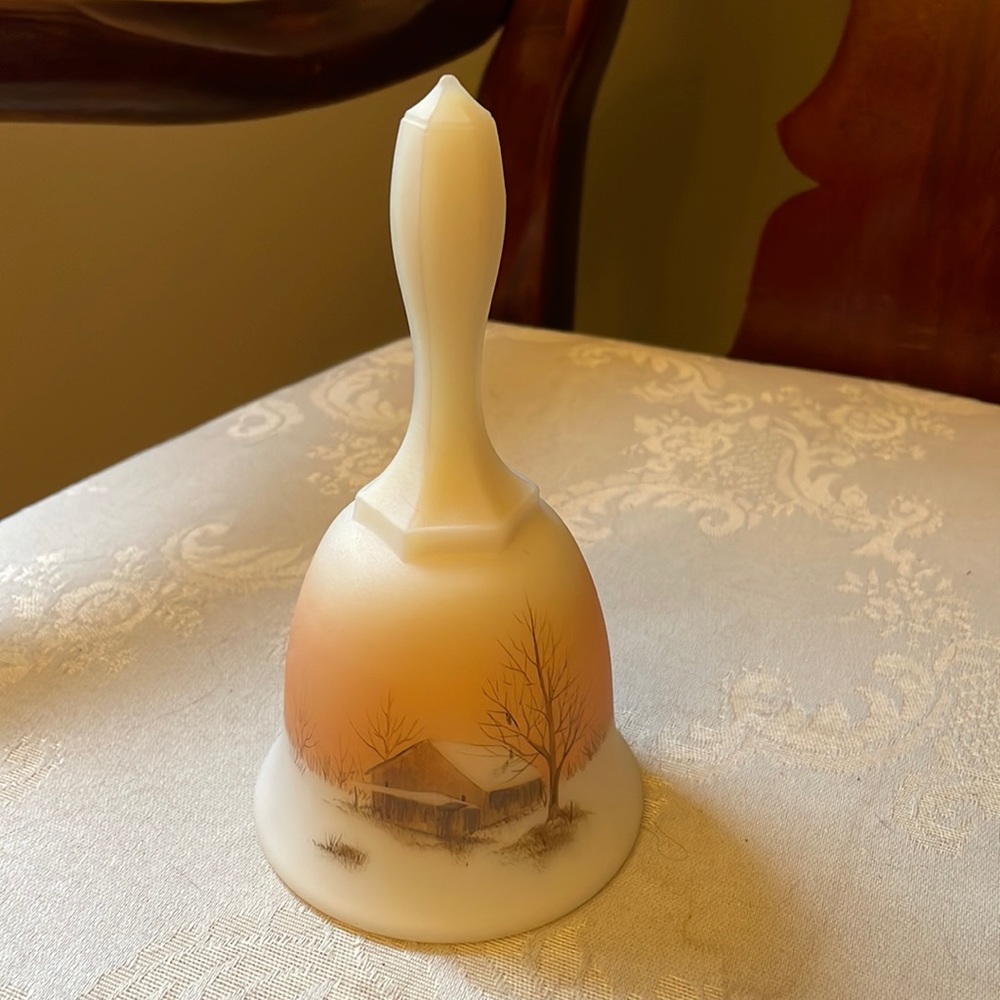 Signed, hand painted Fenton satin Vaseline custard glass bell